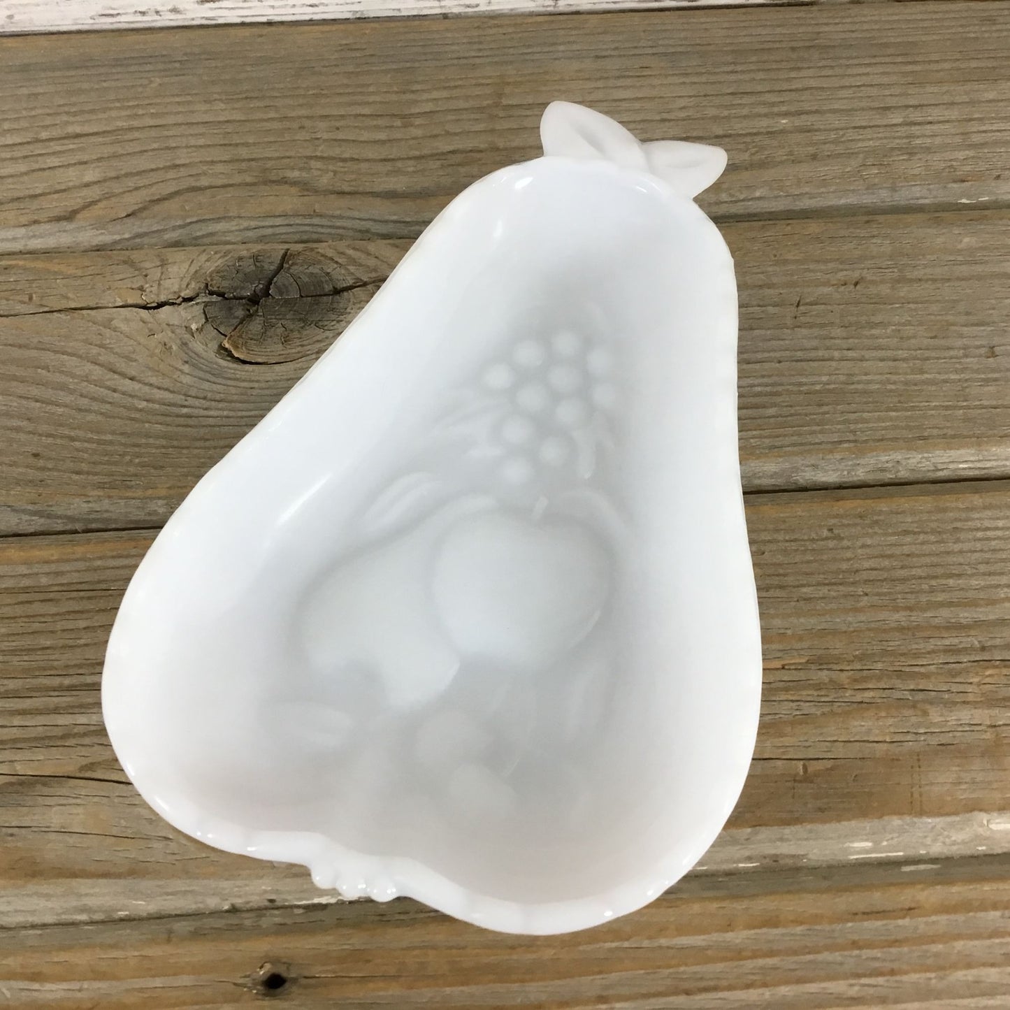 Hazel Atlas Milk Glass Pear Dish 8 1/8" Embossed Fruit & Floral Design Vintage