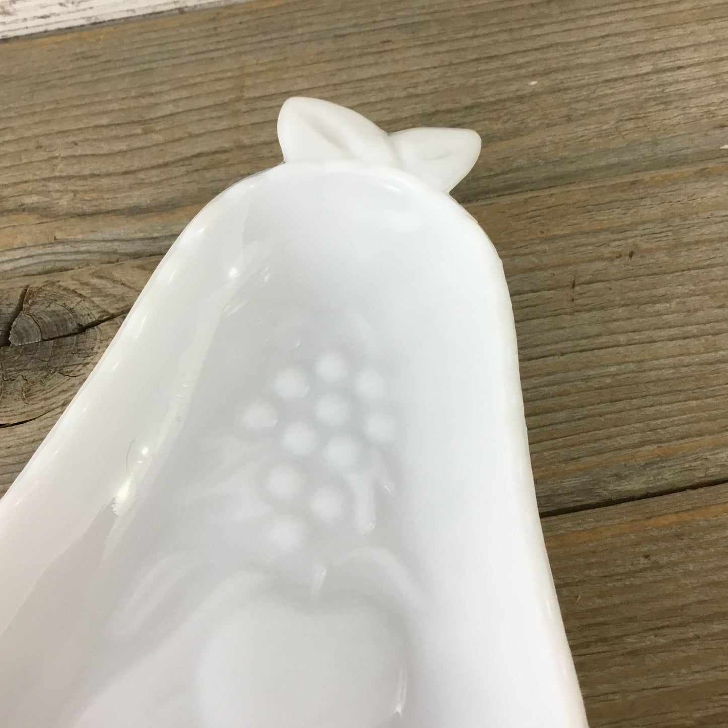 Hazel Atlas Milk Glass Pear Dish 8 1/8" Embossed Fruit & Floral Design Vintage