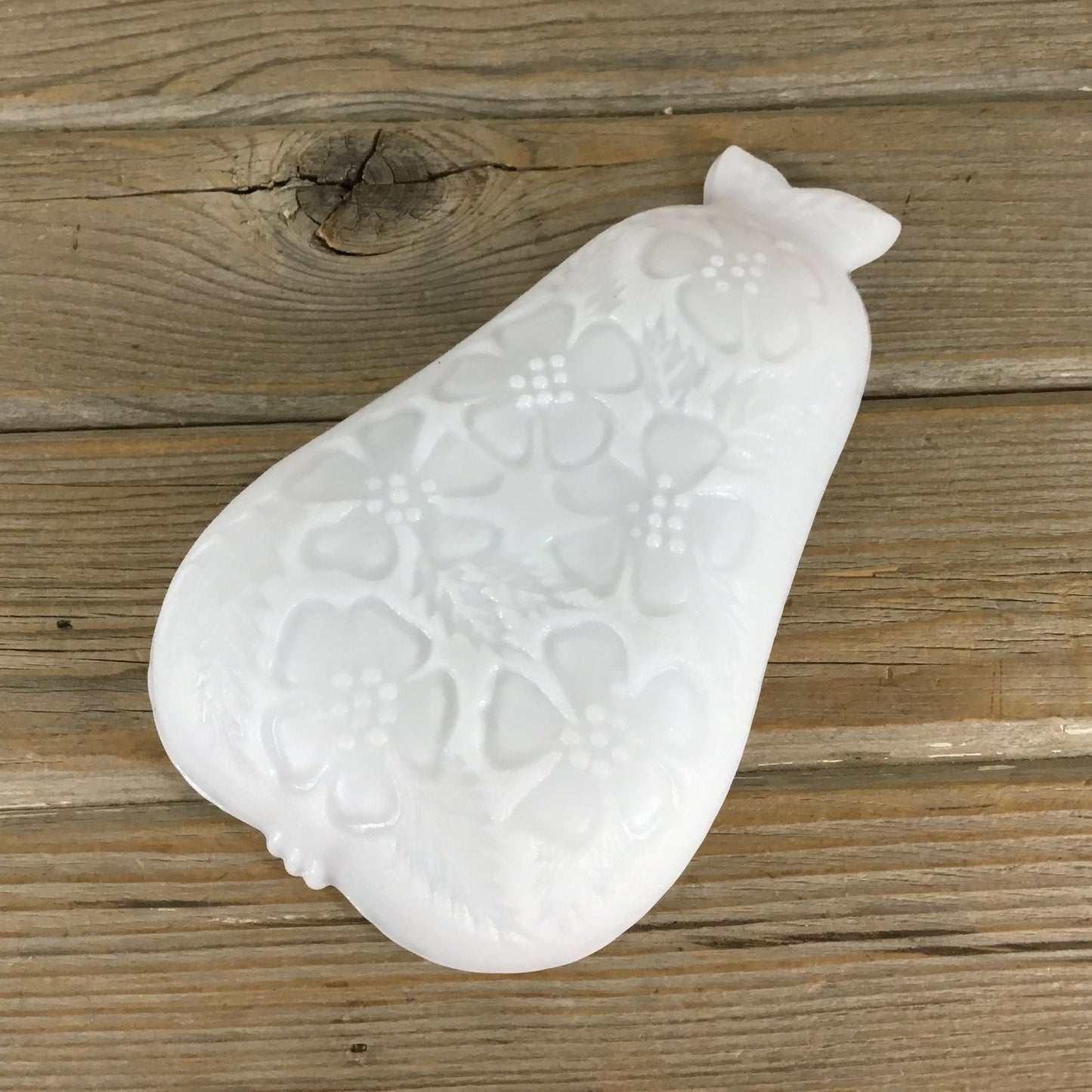 Hazel Atlas Milk Glass Pear Dish 8 1/8" Embossed Fruit & Floral Design Vintage