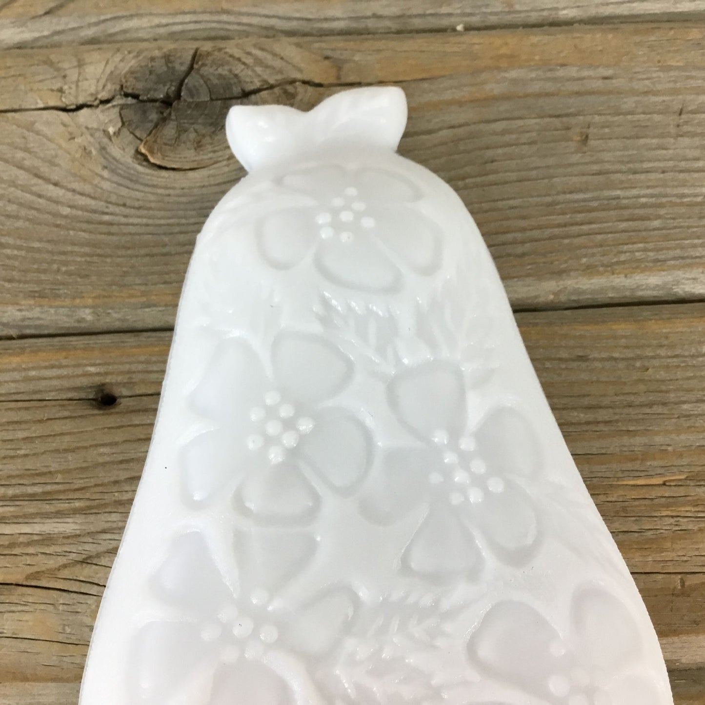 Hazel Atlas Milk Glass Pear Dish 8 1/8" Embossed Fruit & Floral Design Vintage