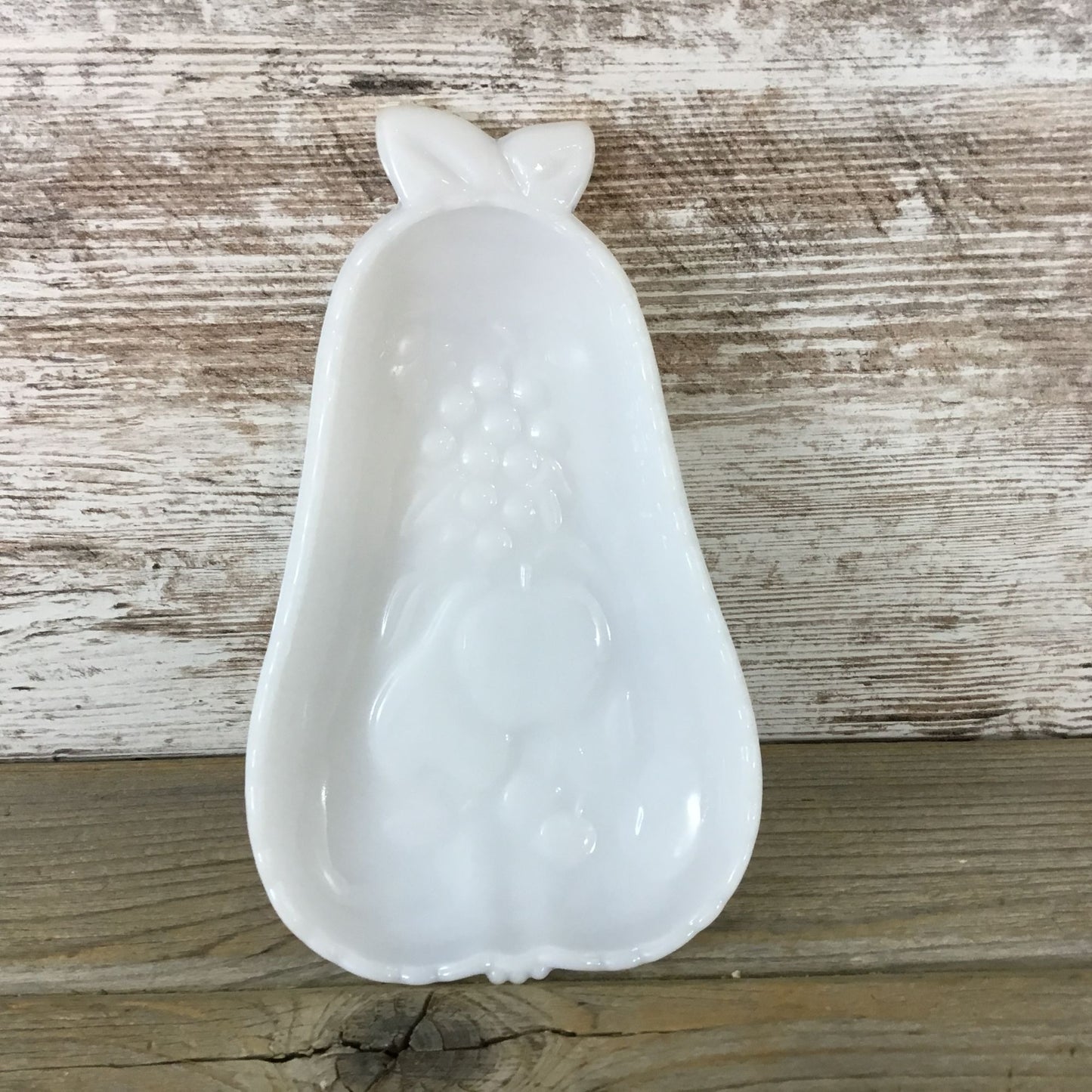 Hazel Atlas Milk Glass Pear Dish 8 1/8" Embossed Fruit & Floral Design Vintage