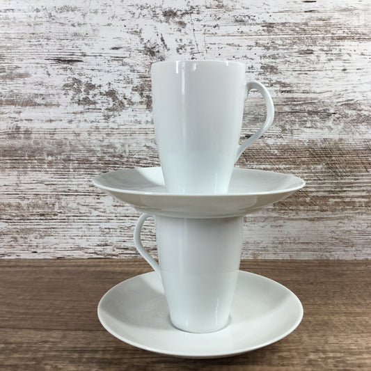 Vintage Mosa Maastricht White Porcelain Cups and Saucers Set 2 MCM Minimalist