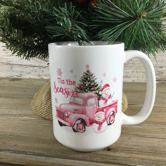 Tis the Season Snowman Pink Truck Ceramic Coffee Mug