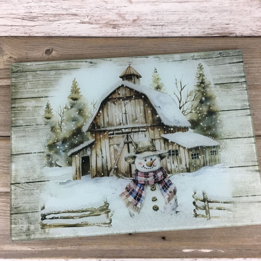 Rustic Country Snowman Glass Cutting Board