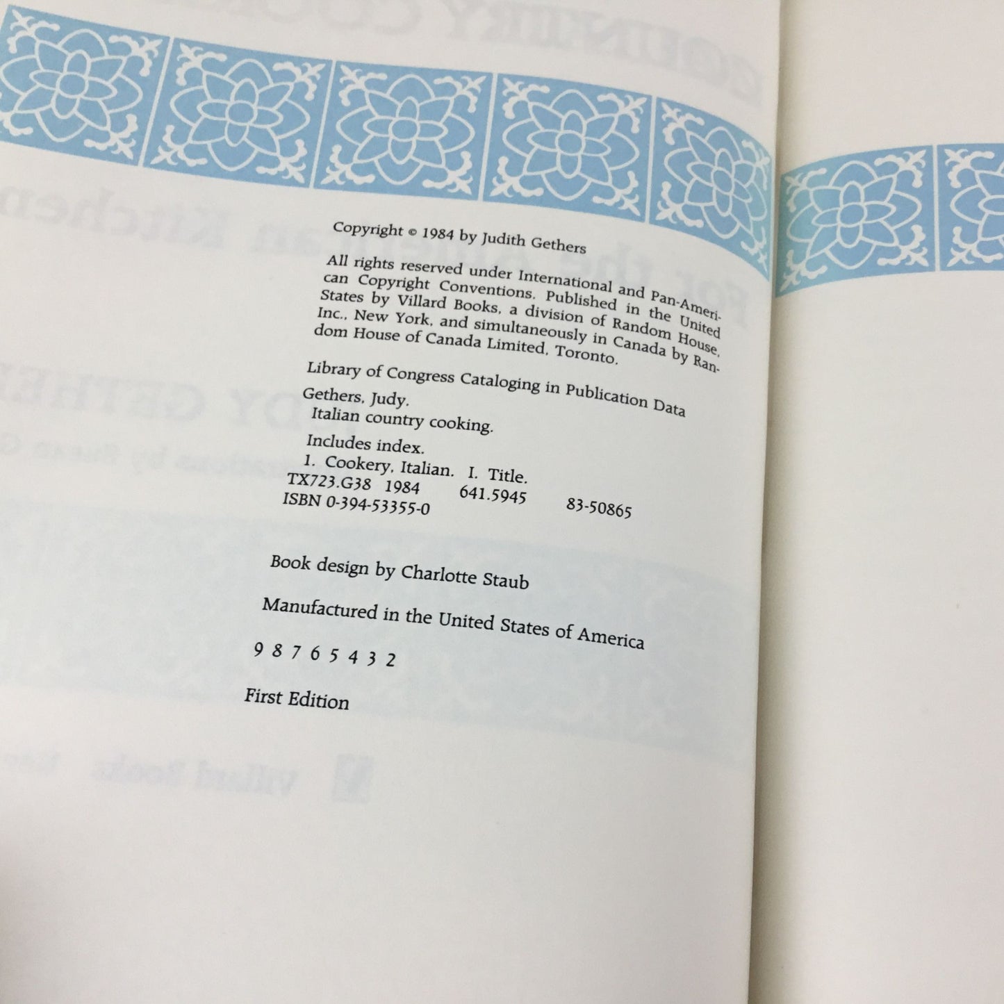 Italian Country Cooking By Judy Gethers Hardcover 1984 Villard Books