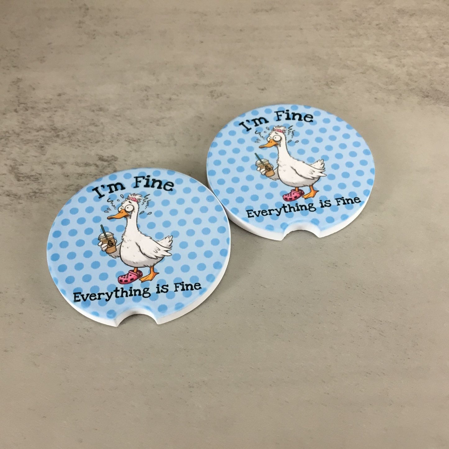 I'm Fine Everything is Fine Car Coasters Set of 2 Funny Frazzled Goose