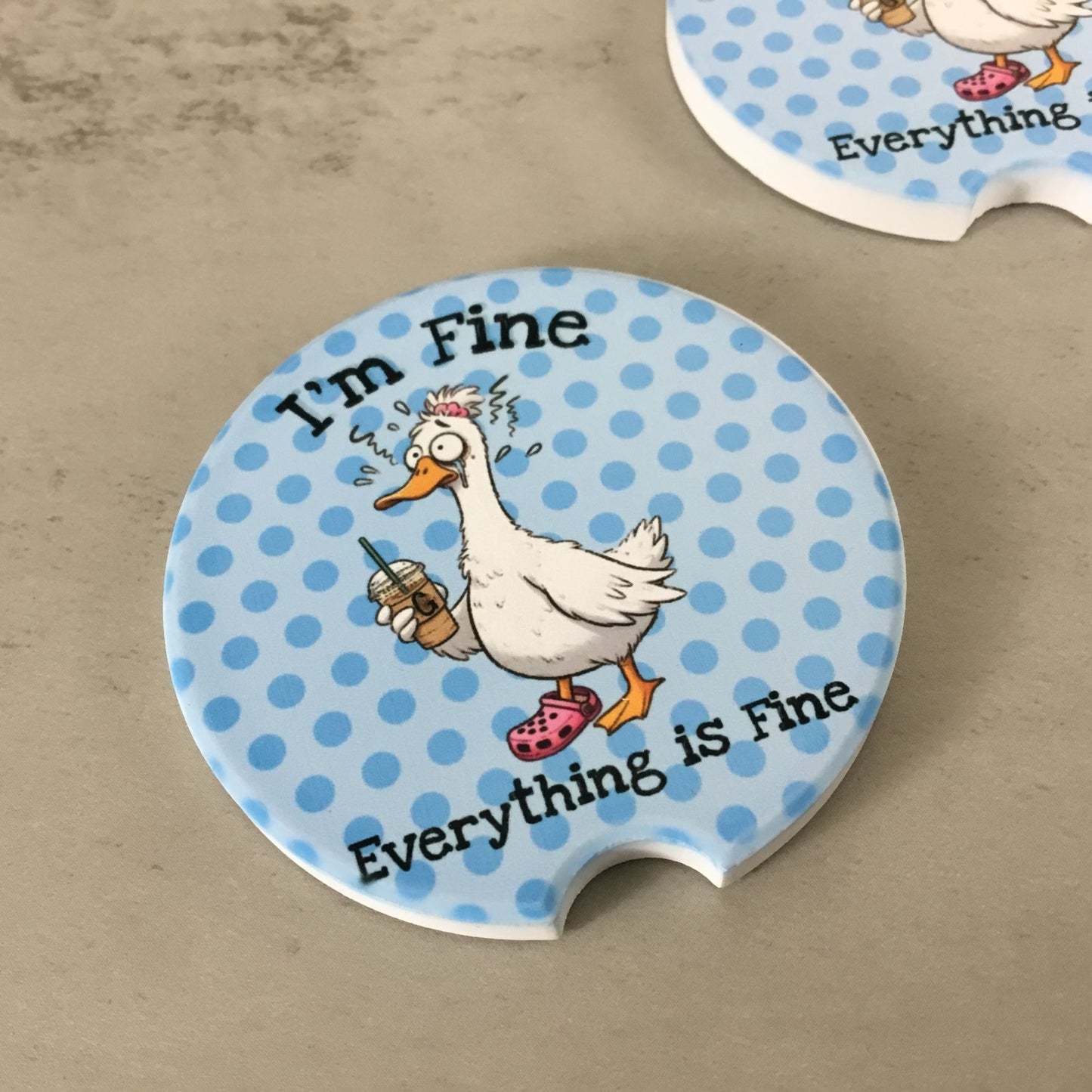I'm Fine Everything is Fine Car Coasters Set of 2 Funny Frazzled Goose