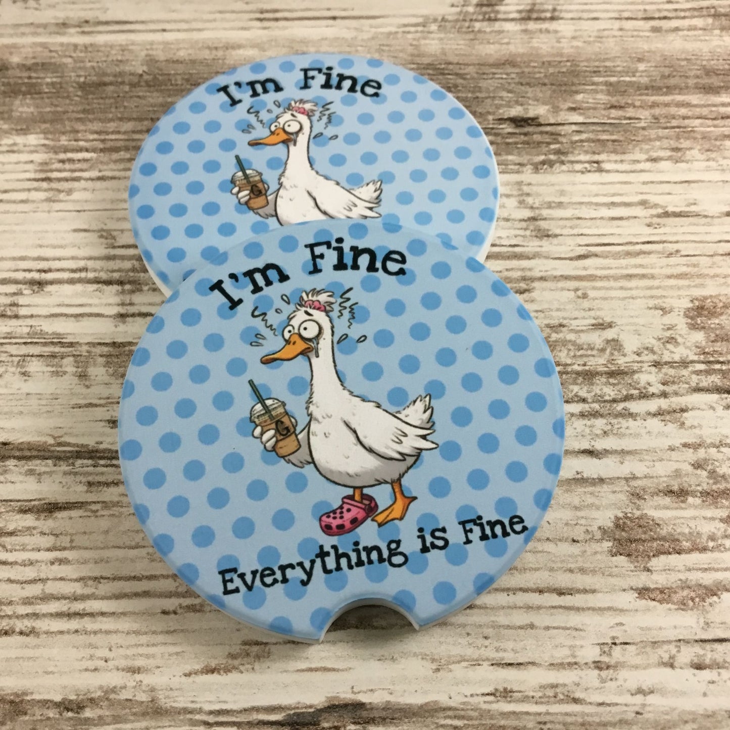 I'm Fine Everything is Fine Car Coasters Set of 2 Funny Frazzled Goose