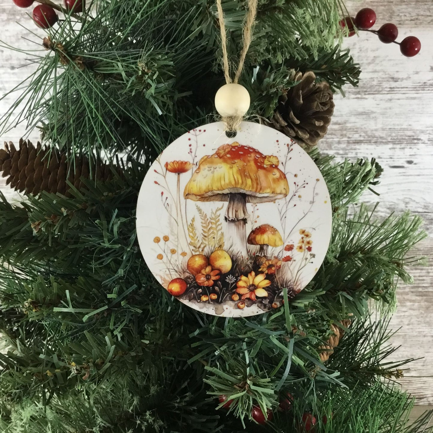 Woodland Mushroom and Orange Flowers Christmas Ornament  3.5" Wooden Ornament