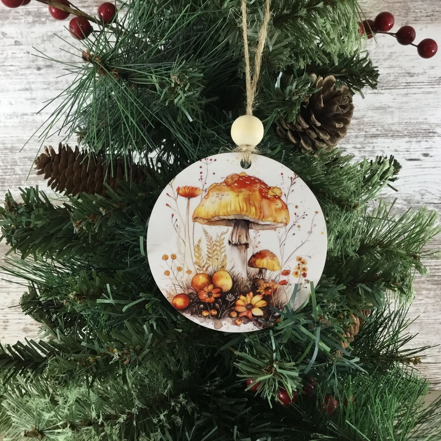 Woodland Mushroom and Orange Flowers Christmas Ornament  3.5" Wooden Ornament