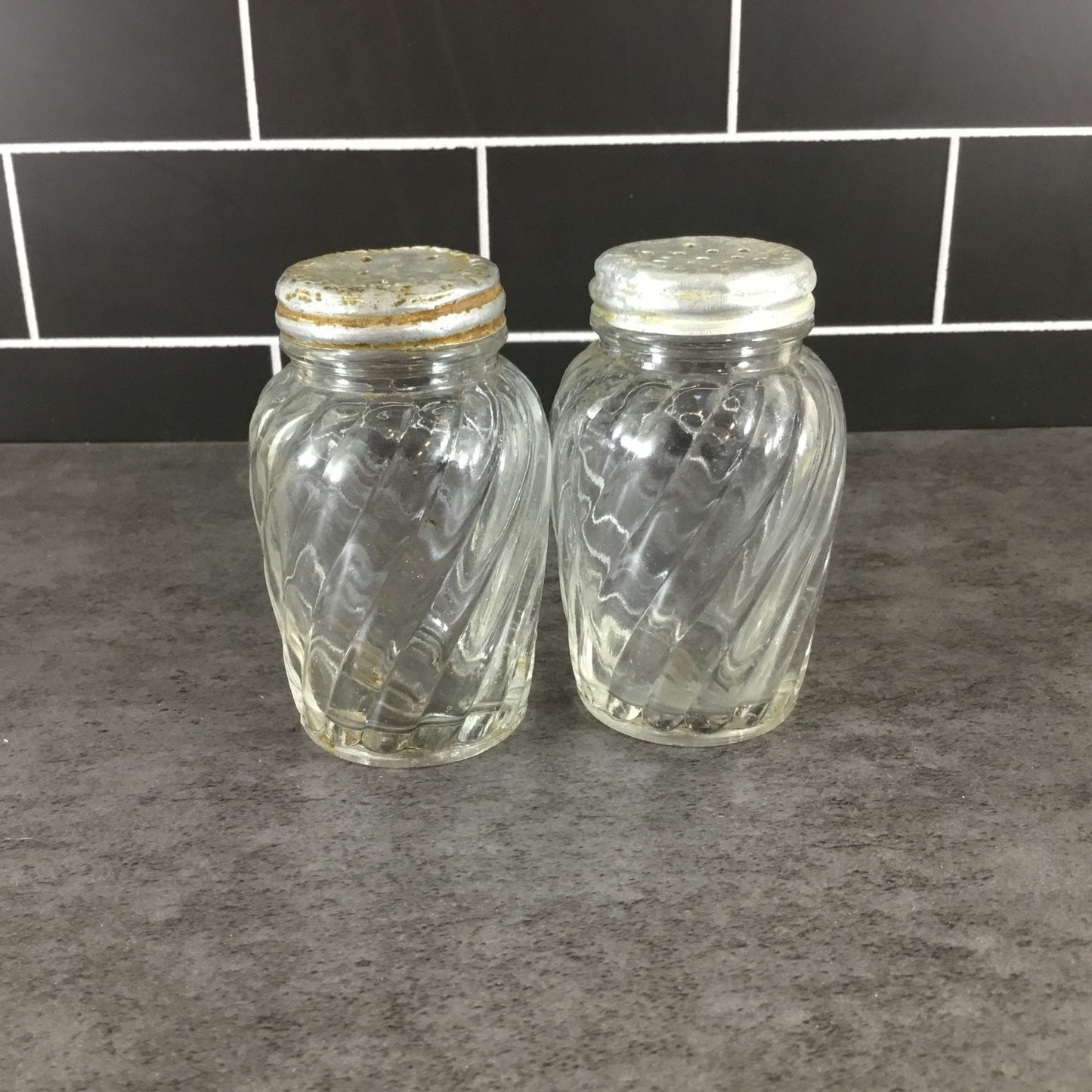 Vintage Anchor Hocking Swirl Salt & Pepper Shakers, Clear Glass 1950s