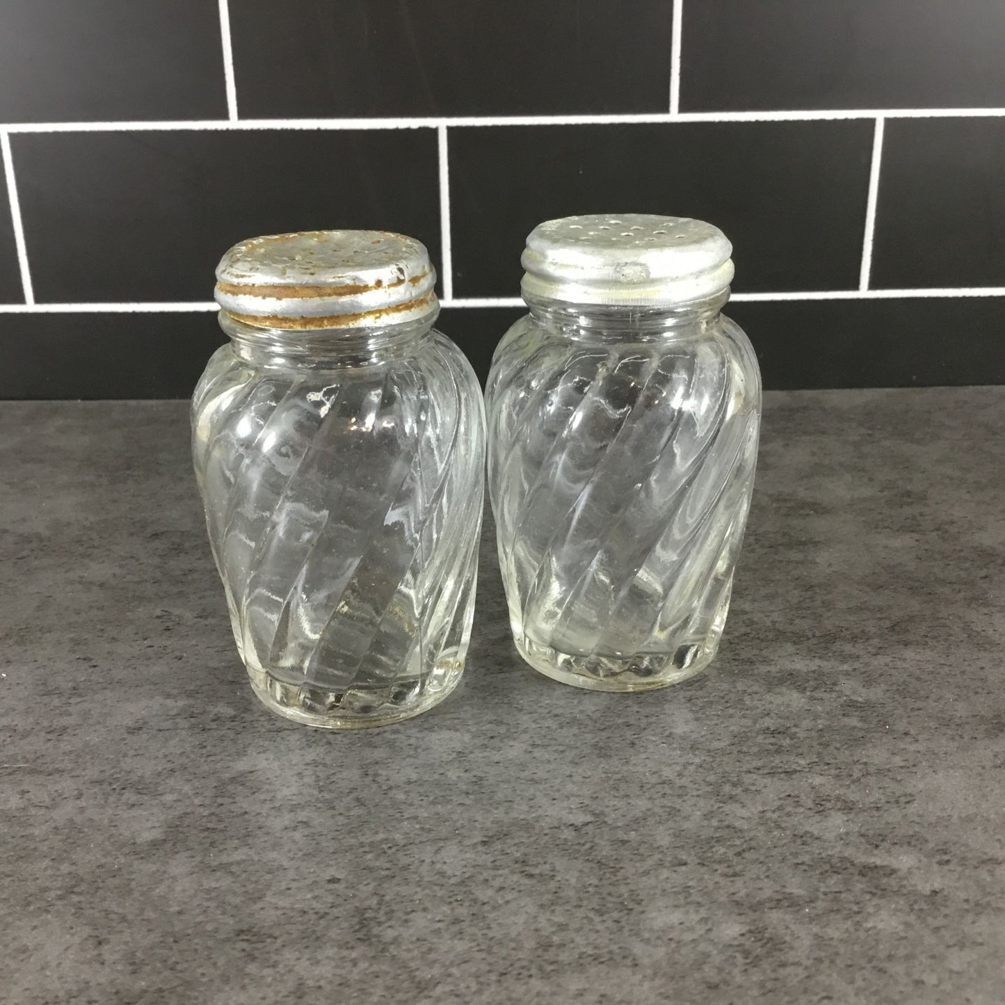 Vintage Anchor Hocking Swirl Salt & Pepper Shakers, Clear Glass 1950s
