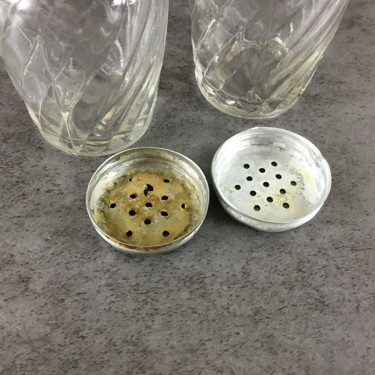 Vintage Anchor Hocking Swirl Salt & Pepper Shakers, Clear Glass 1950s