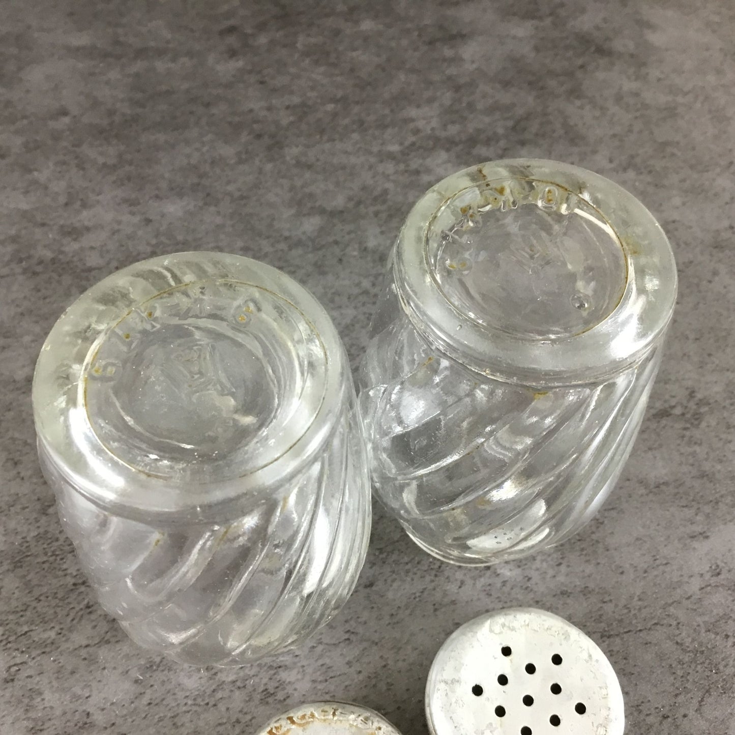 Vintage Anchor Hocking Swirl Salt & Pepper Shakers, Clear Glass 1950s