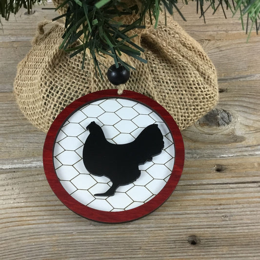 Chicken Rustic Farm Christmas Ornament with Laser-Cut Chicken Wire Pattern