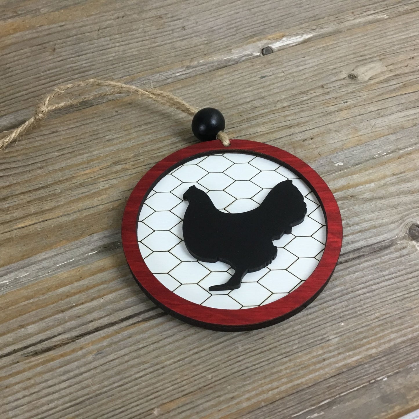 Chicken Rustic Farm Christmas Ornament with Laser-Cut Chicken Wire Pattern