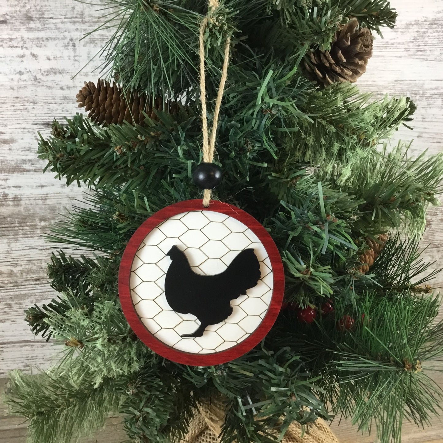 Chicken Rustic Farm Christmas Ornament with Laser-Cut Chicken Wire Pattern