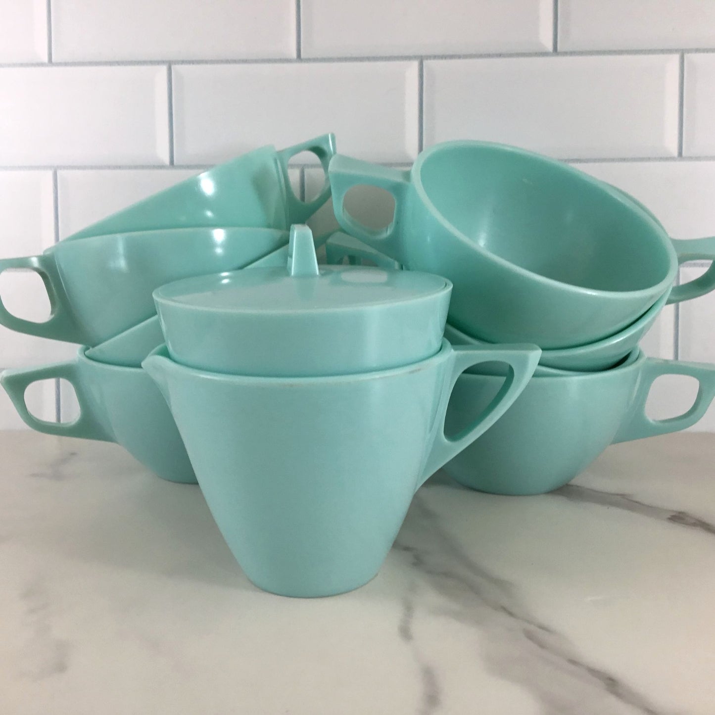8 Coffee Cups Sun Valley Melmac Aqua Turquoise & Creamer Sugar Bowl Lid Vintage 