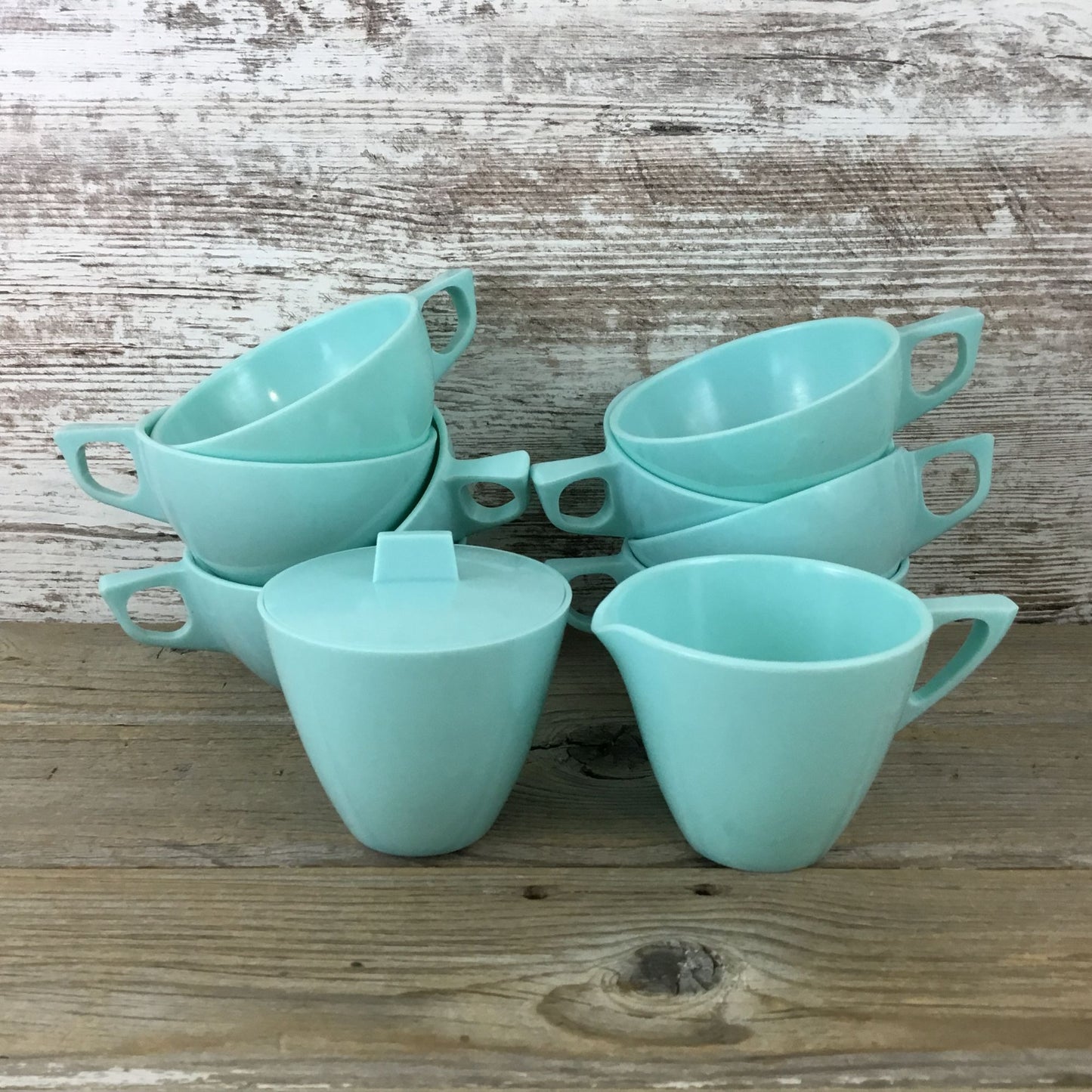 8 Coffee Cups Sun Valley Melmac Aqua Turquoise & Creamer Sugar Bowl Lid Vintage