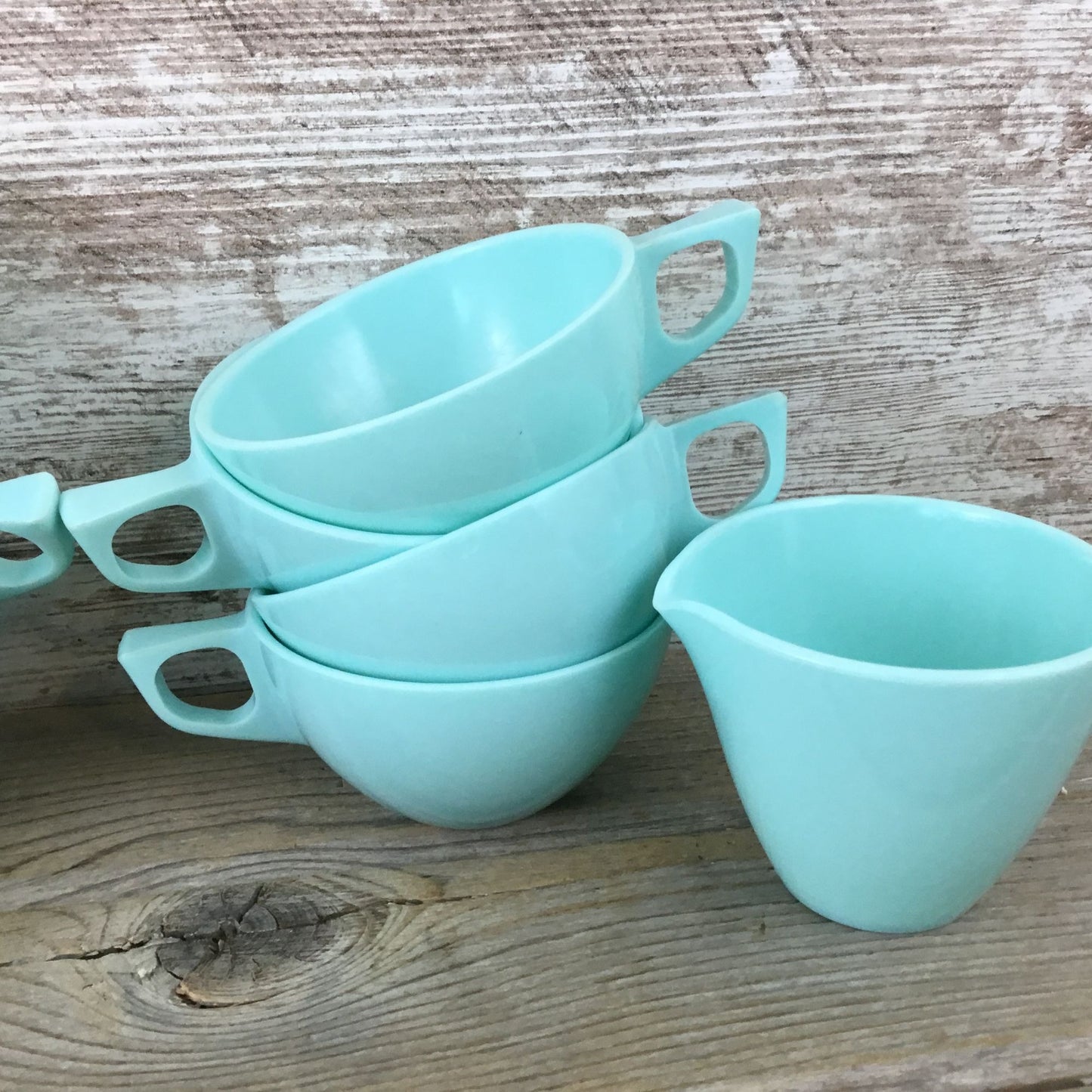 8 Coffee Cups Sun Valley Melmac Aqua Turquoise & Creamer Sugar Bowl Lid Vintage