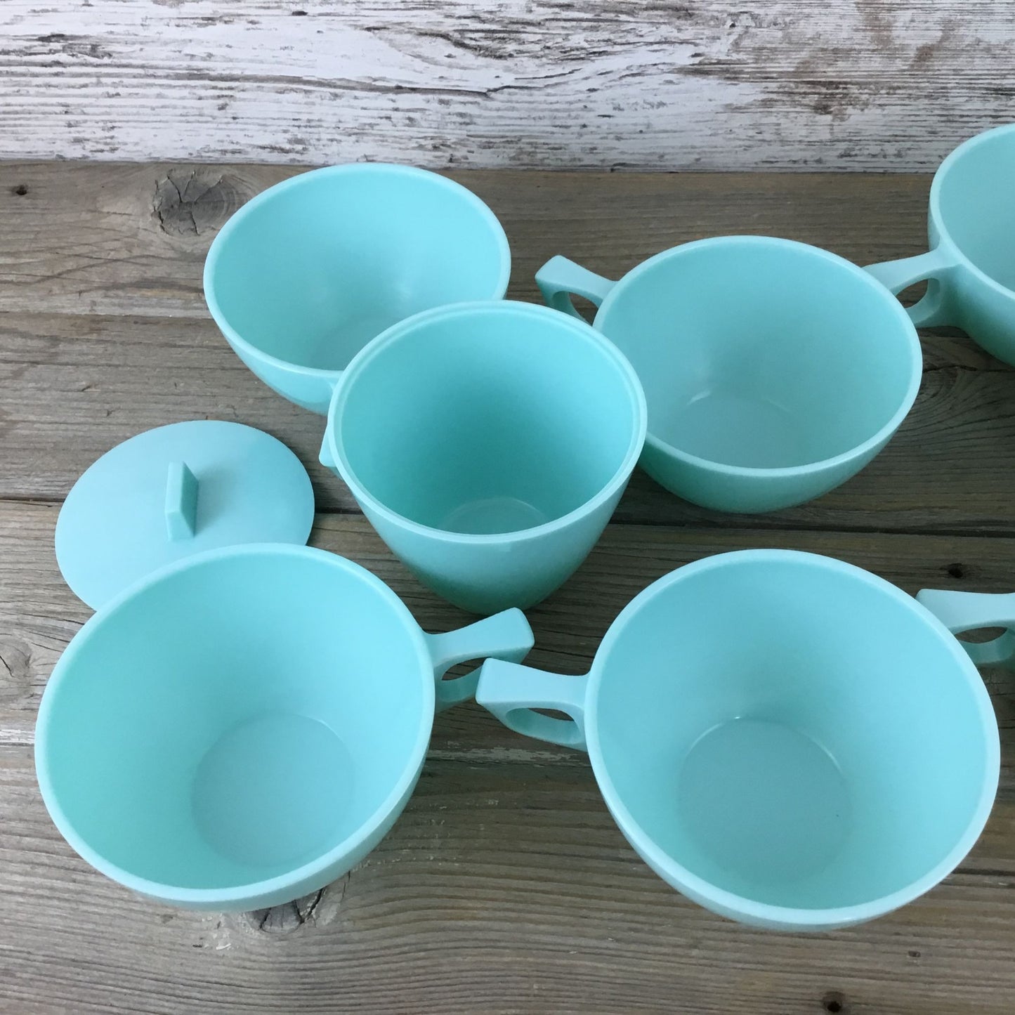 8 Coffee Cups Sun Valley Melmac Aqua Turquoise & Creamer Sugar Bowl Lid Vintage