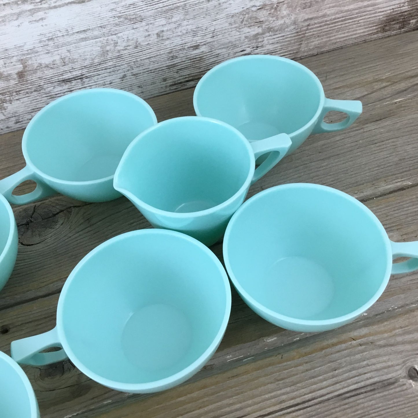 8 Coffee Cups Sun Valley Melmac Aqua Turquoise & Creamer Sugar Bowl Lid Vintage