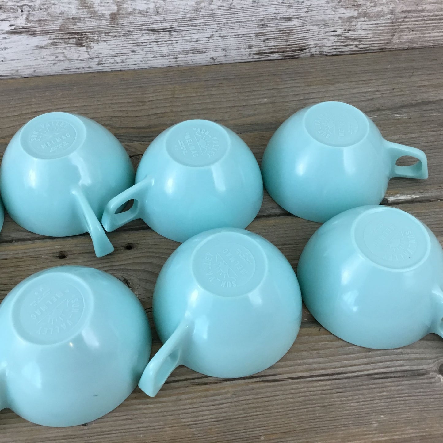 8 Coffee Cups Sun Valley Melmac Aqua Turquoise & Creamer Sugar Bowl Lid Vintage