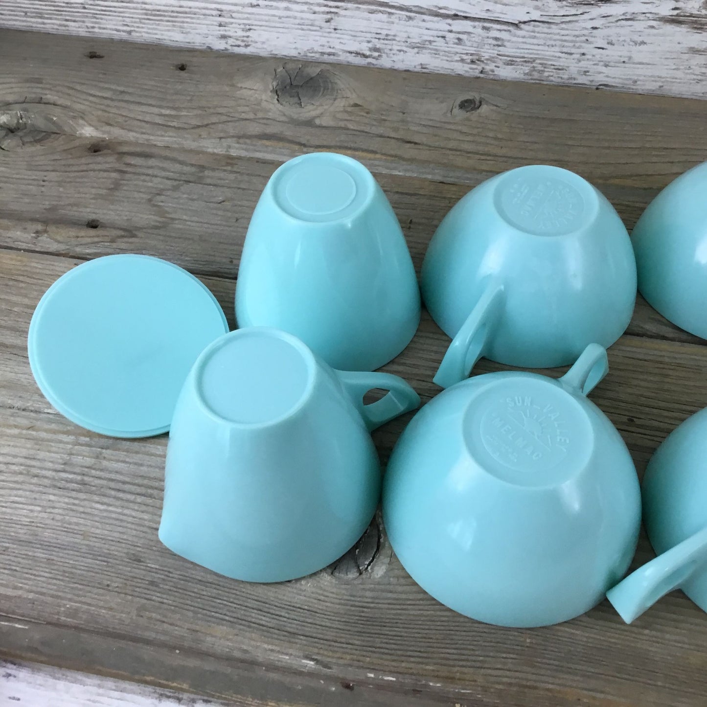 8 Coffee Cups Sun Valley Melmac Aqua Turquoise & Creamer Sugar Bowl Lid Vintage