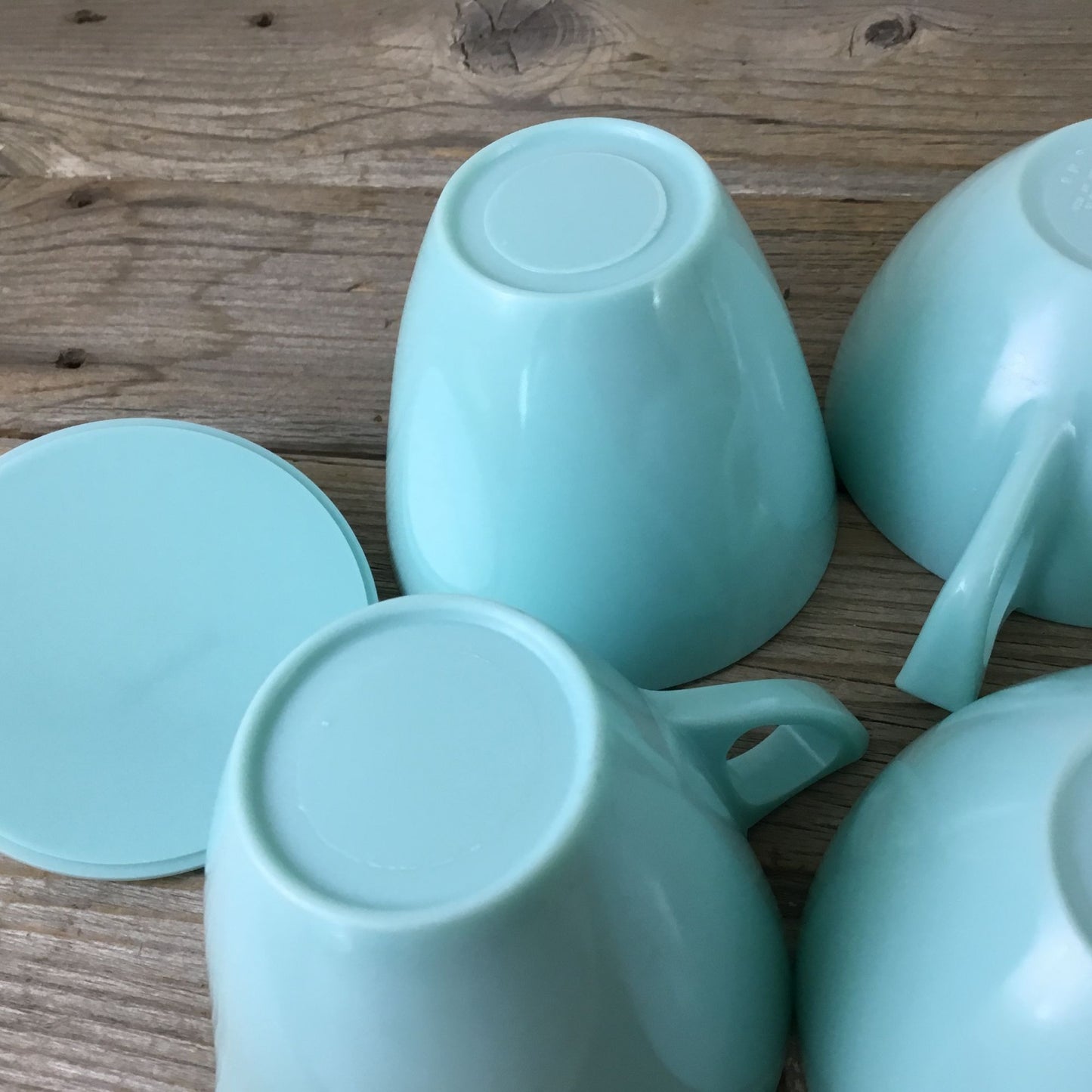 8 Coffee Cups Sun Valley Melmac Aqua Turquoise & Creamer Sugar Bowl Lid Vintage