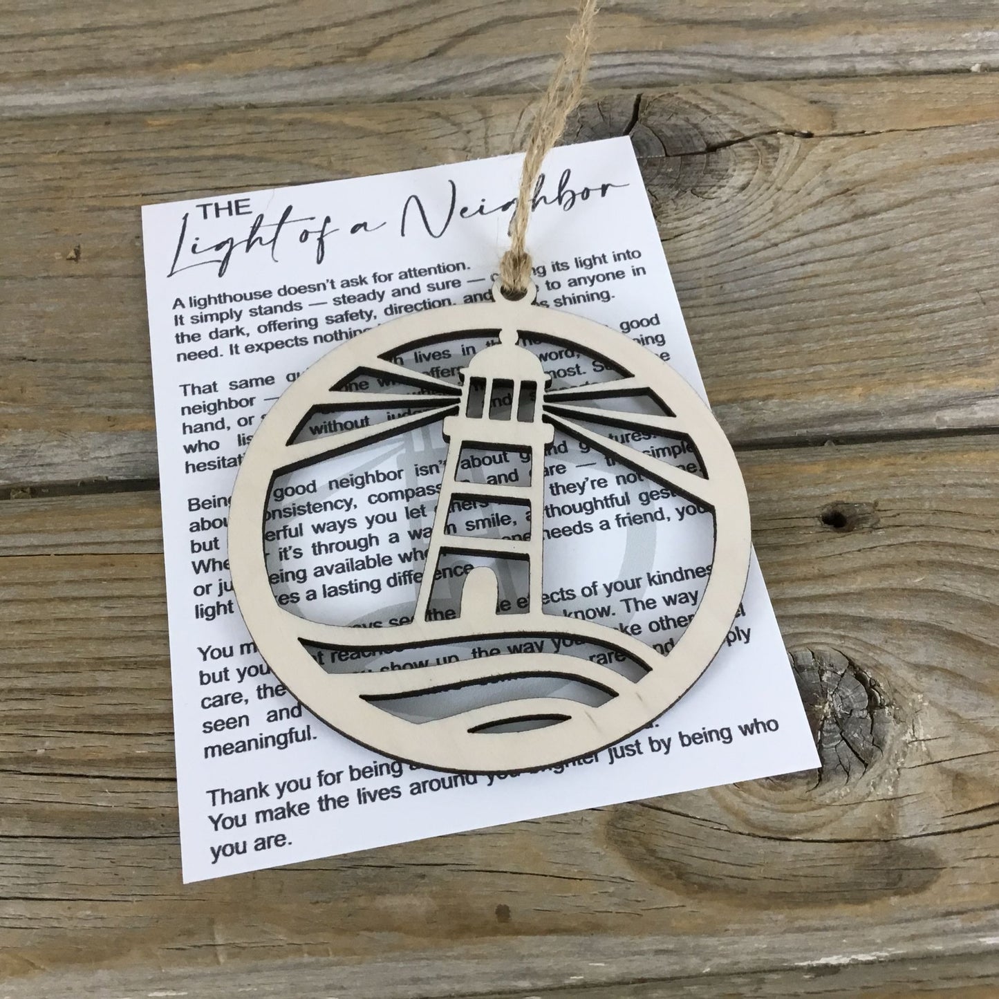 The Light of a Neighbor - Lighthouse Story Card Ornament Whitewashed