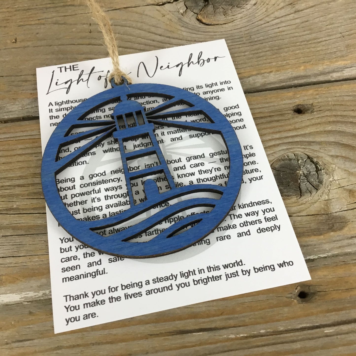 The Light of a Neighbor - Lighthouse Story Card Ornament Blue Wood