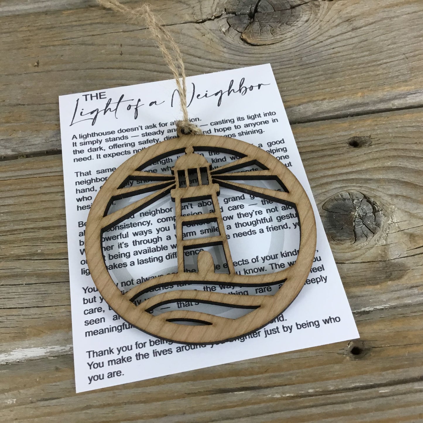 The Light of a Neighbor - Lighthouse Story Card Ornament Unfinished Cherry Wood