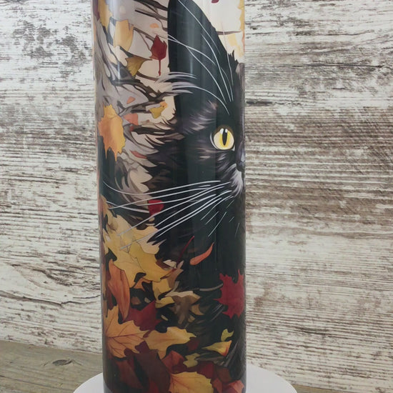 Black Cat Fall Leaves 20 oz Skinny Tumbler Rotating No Sound 