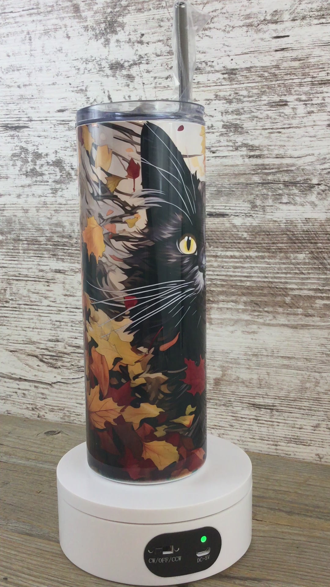 Black Cat Fall Leaves 20 oz Skinny Tumbler Rotating No Sound 