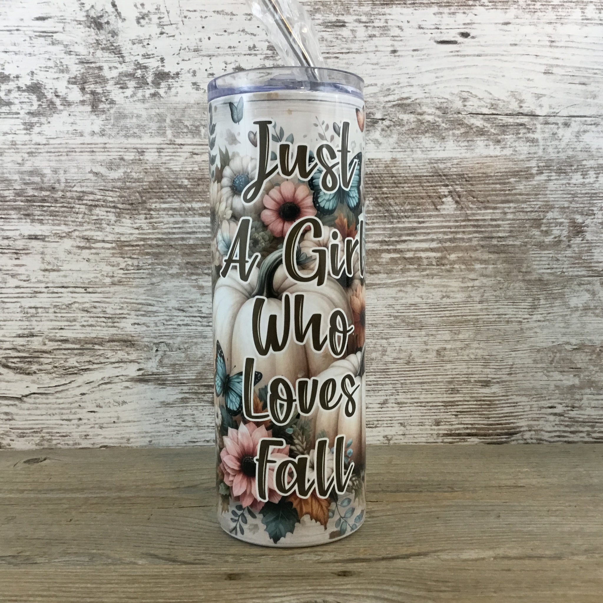 Rotating Image of Just a Girl Who Loves Fall 20 oz Skinny Tumbler No Words