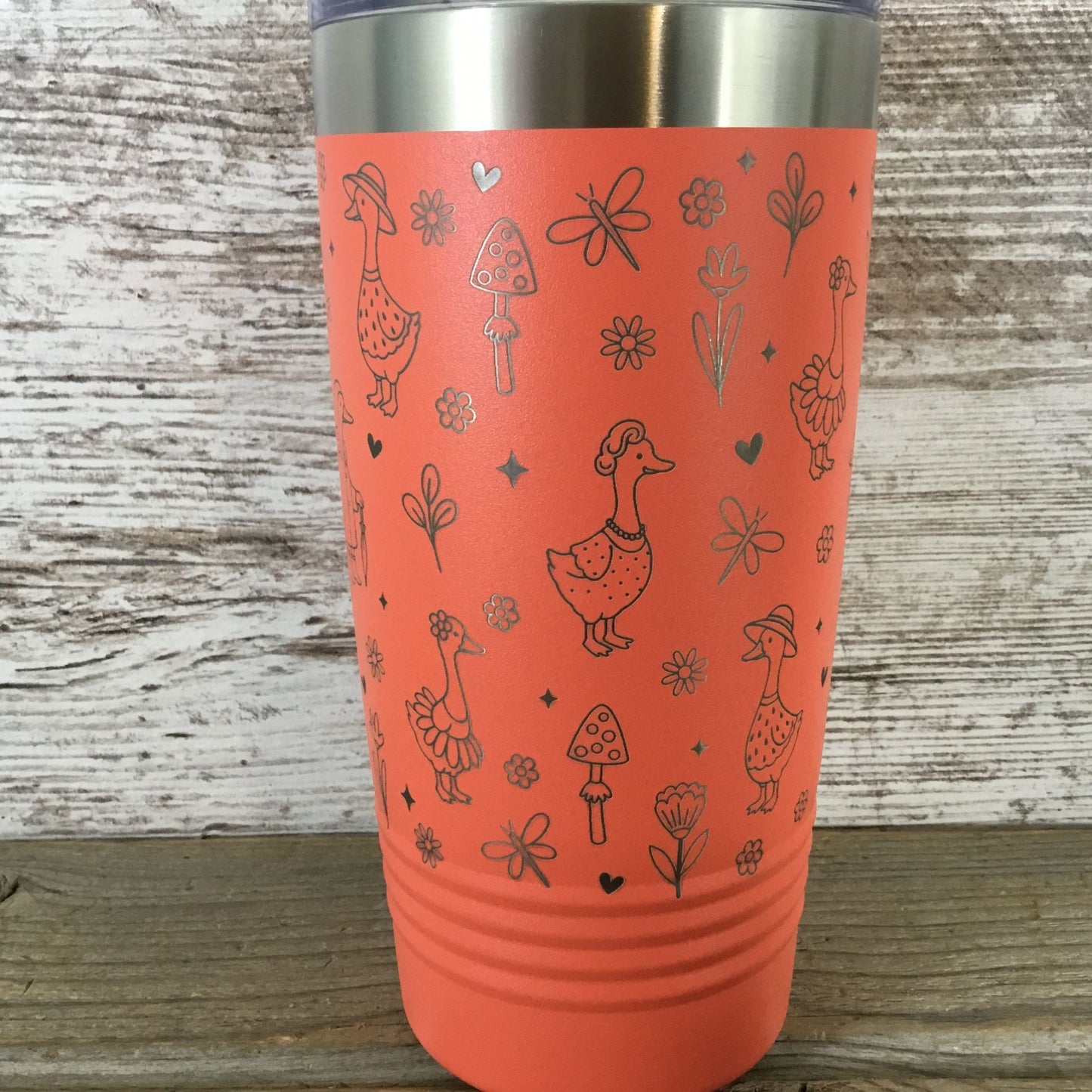 Silly Goose Engraved 20oz Tumbler – Geese with Mushrooms, Flowers & Dragonflies