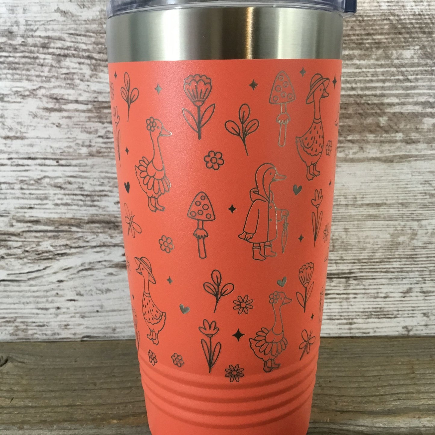 Silly Goose Engraved 20oz Tumbler – Geese with Mushrooms, Flowers & Dragonflies