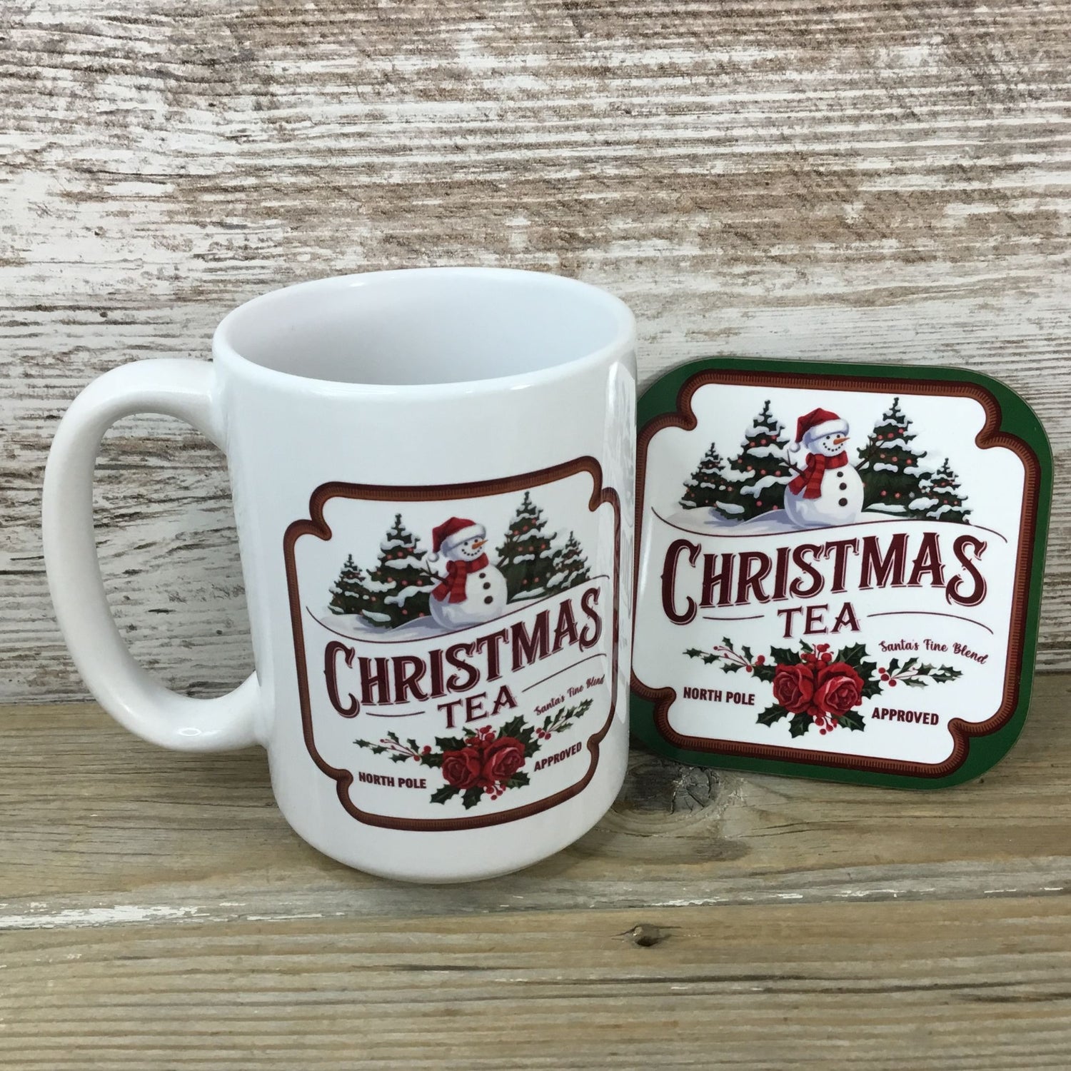 Christmas Tea 15 Oz Ceramic Mug &  Hardboard Coaster Set 