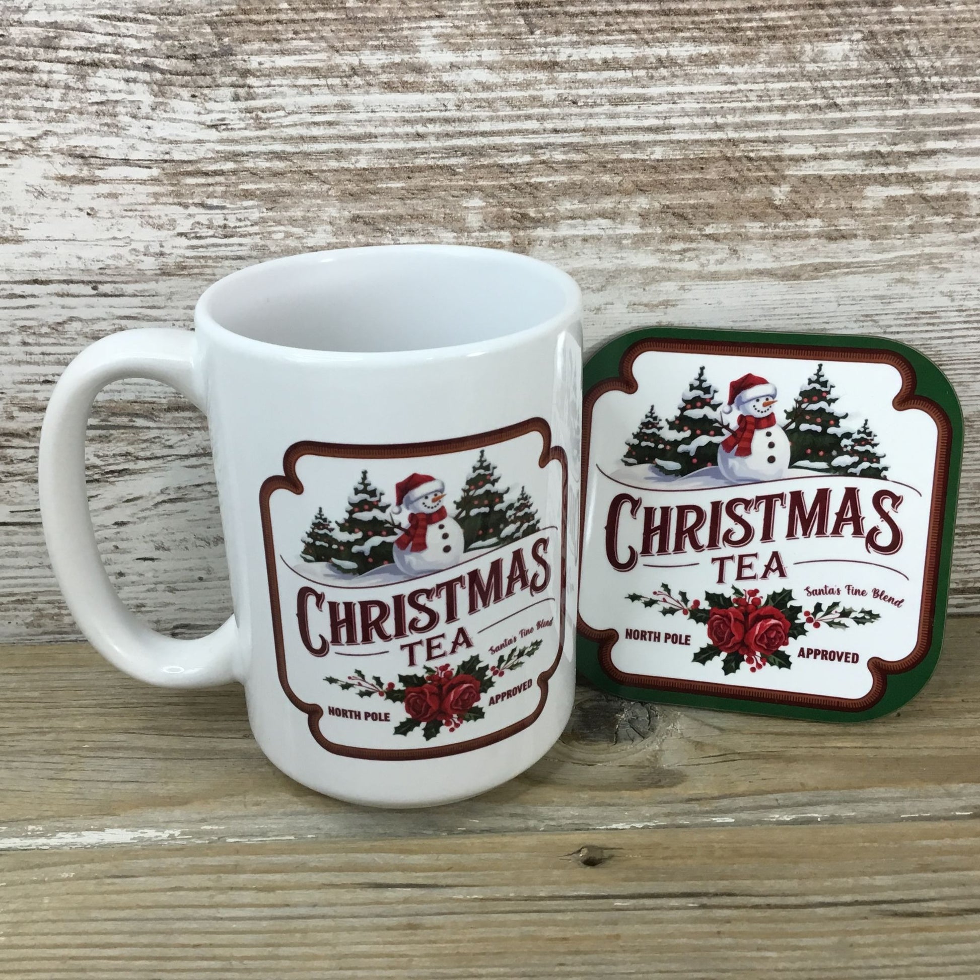 Christmas Tea 15 Oz Ceramic Mug &  Hardboard Coaster Set 
