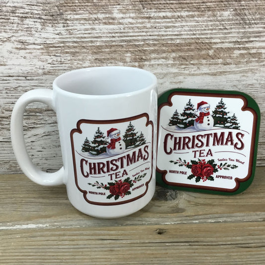 Christmas Tea 15 Oz Ceramic Mug &  Hardboard Coaster Set 