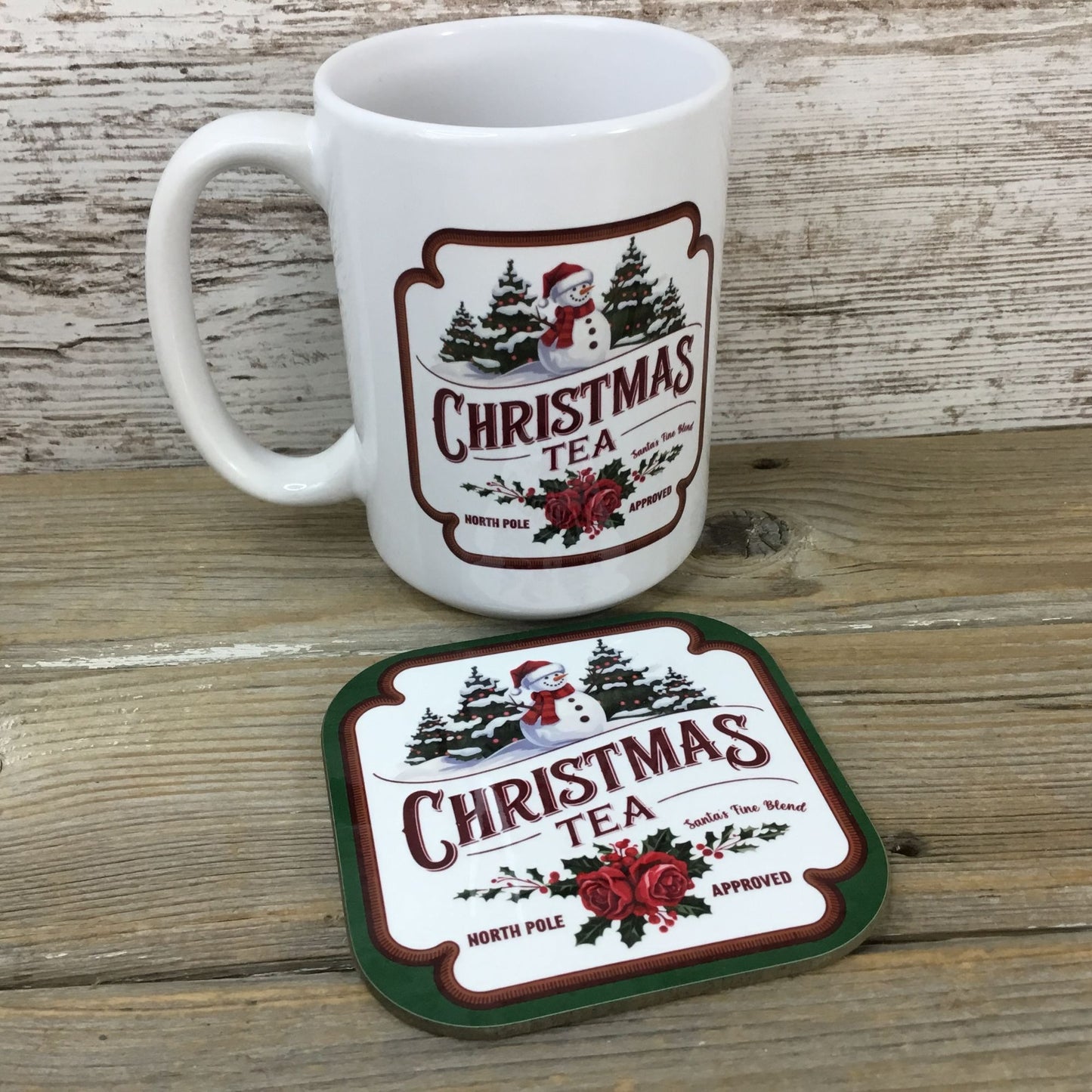 Christmas Tea 15 Oz Ceramic Mug &  Hardboard Coaster Set