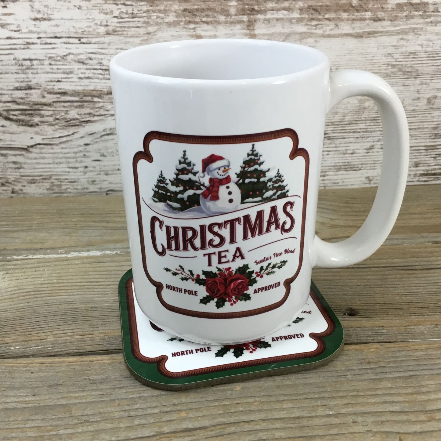 Christmas Tea 15 Oz Ceramic Mug &  Hardboard Coaster Set