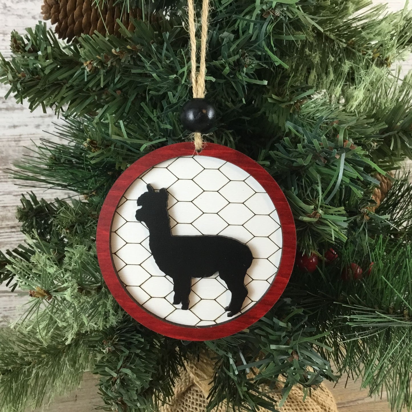 Alpaca Rustic Farm Christmas Ornament with Laser-Cut Chicken Wire Pattern