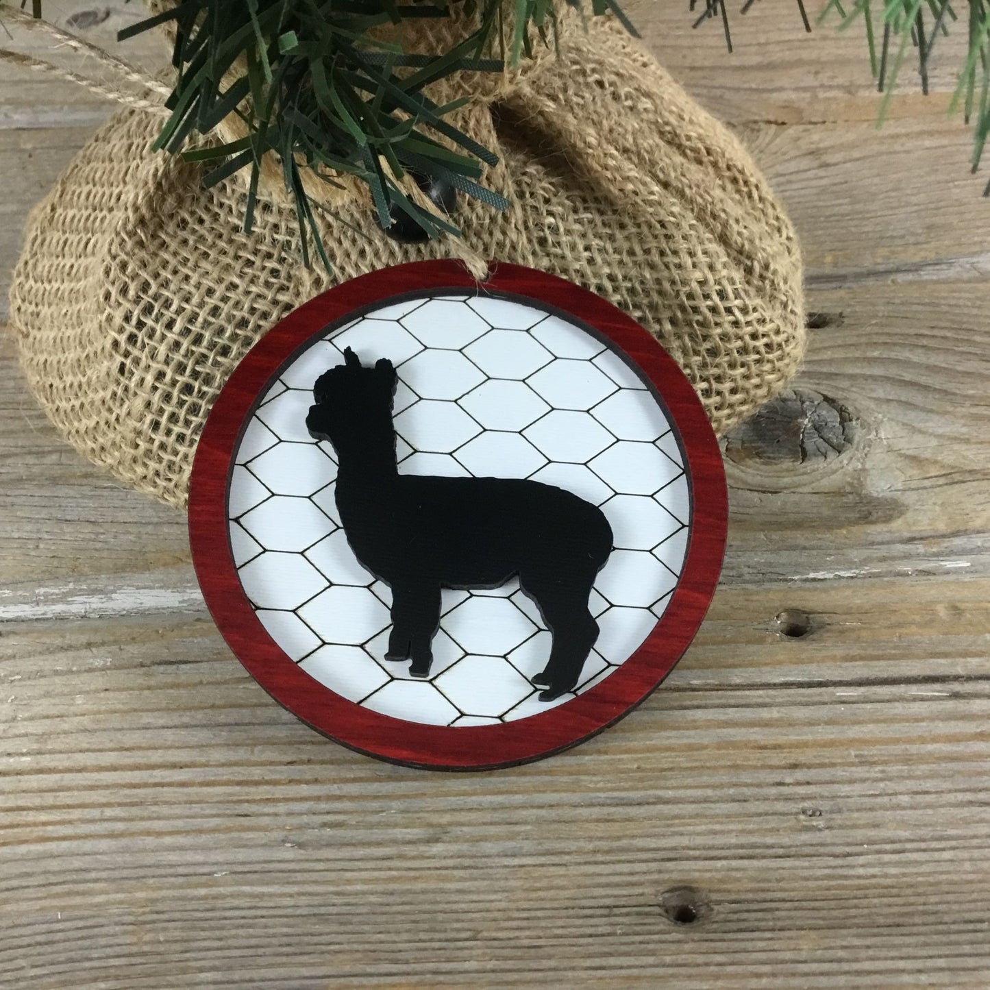 Alpaca Rustic Farm Christmas Ornament with Laser-Cut Chicken Wire Pattern