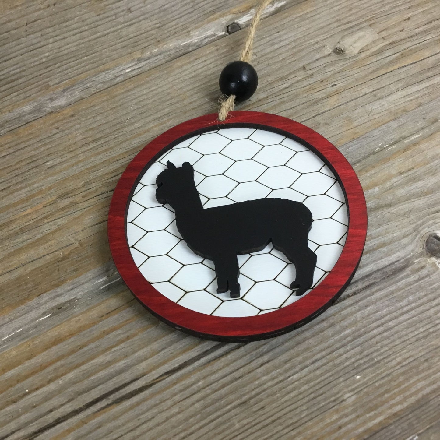 Alpaca Rustic Farm Christmas Ornament with Laser-Cut Chicken Wire Pattern