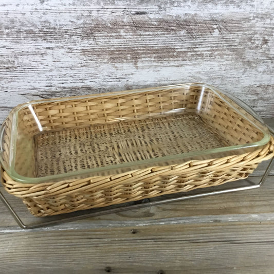 Vintage Glasbake 2½ Qt Rectangular Glass Dish w/ Wicker Basket & Metal Frame