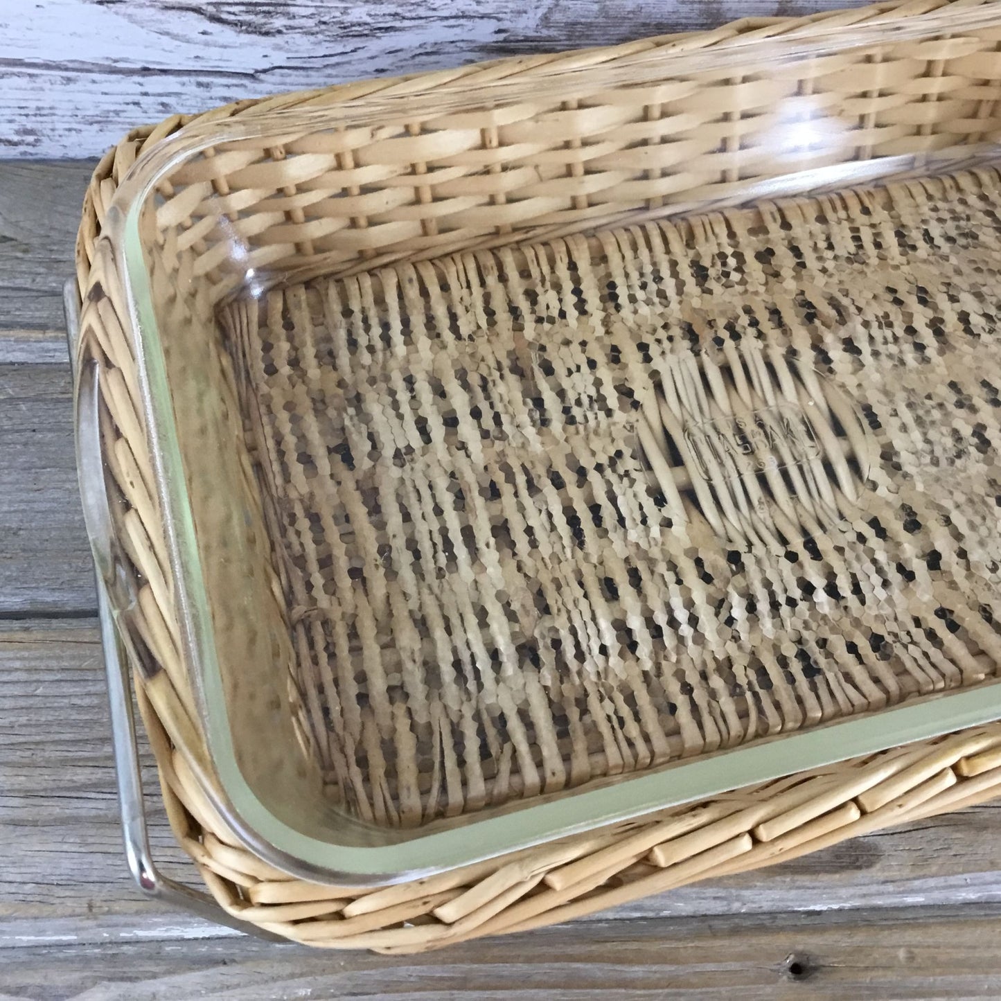 Vintage Glasbake 2½ Qt Rectangular Glass Dish w/ Wicker Basket & Metal Frame