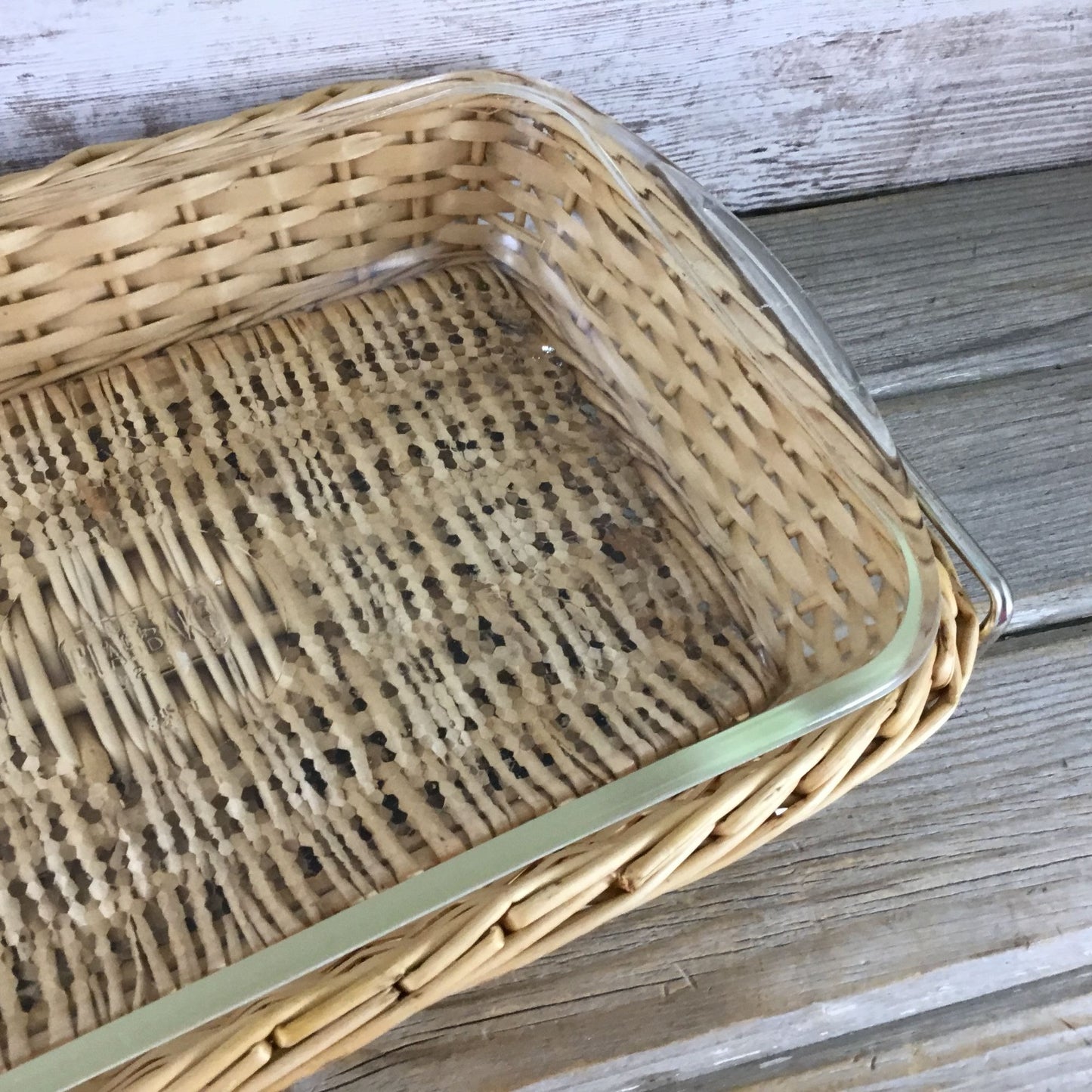 Vintage Glasbake 2½ Qt Rectangular Glass Dish w/ Wicker Basket & Metal Frame