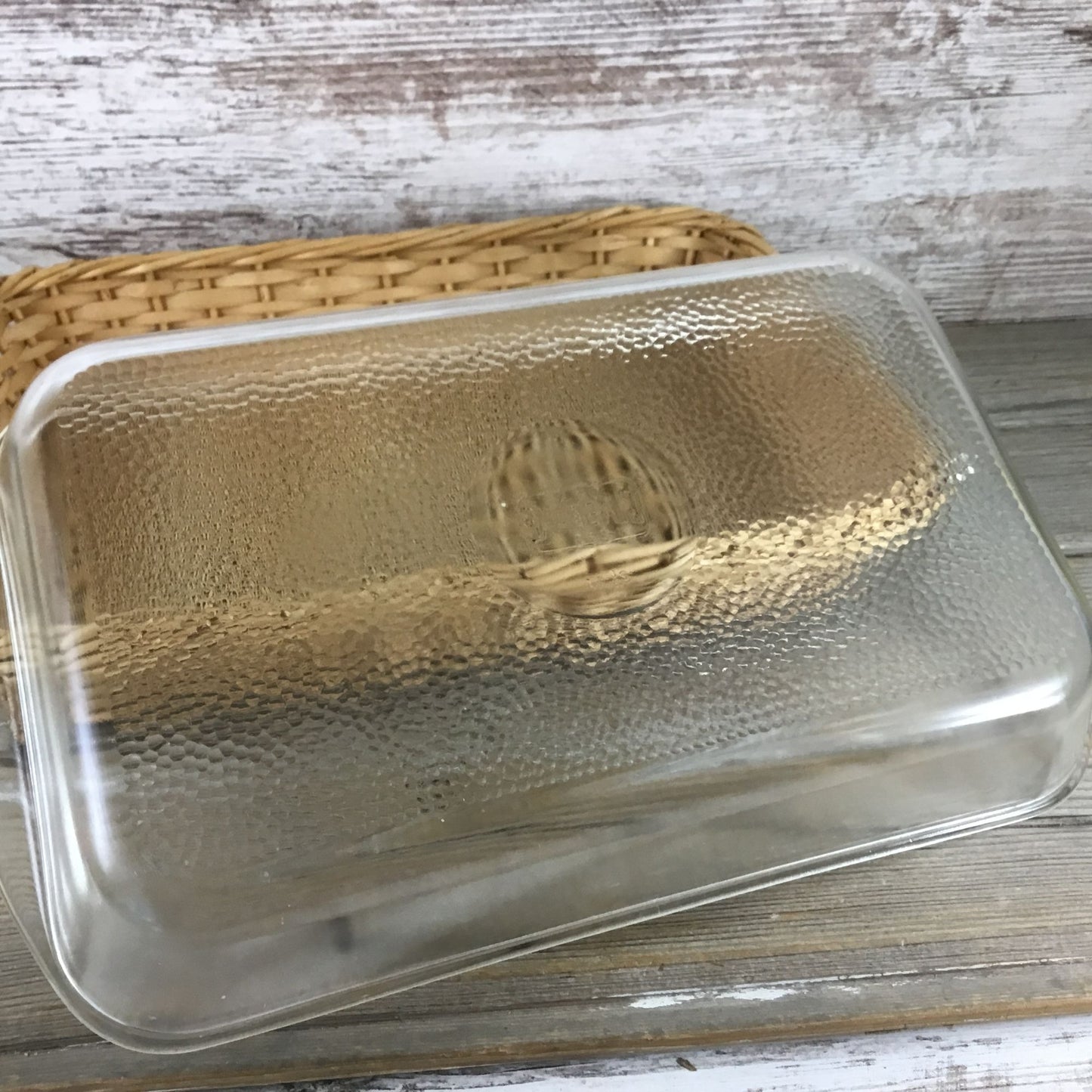 Vintage Glasbake 2½ Qt Rectangular Glass Dish w/ Wicker Basket & Metal Frame