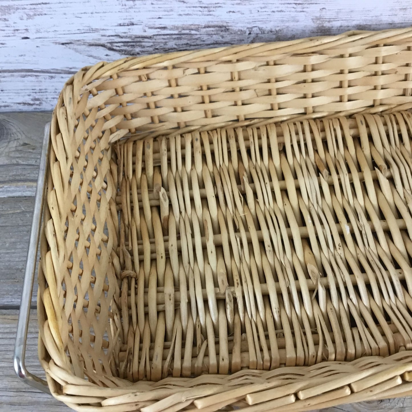 Vintage Glasbake 2½ Qt Rectangular Glass Dish w/ Wicker Basket & Metal Frame